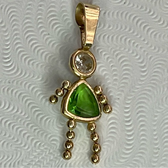 Jewelry - 14K Gold Stick Figure Girl (Green Stone) pendant